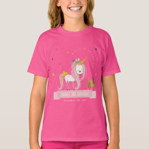 Cute Magical Unicorn Pink Yellow Kids Birthday T_Shirt