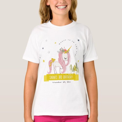Cute Magical Unicorn Pink Yellow Kids Birthday T_Shirt
