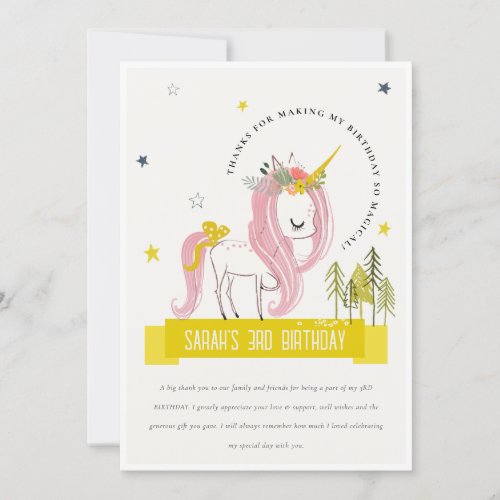 Cute Magical Unicorn Pink Yellow Kids Birthday Thank You Card