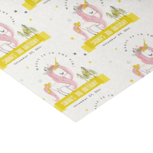 Cute Magical Unicorn Pink Yellow Kids Birthday Tissue Paper
