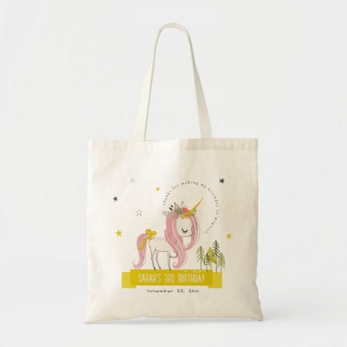 Cute Magical Unicorn Pink Yellow Kids Birthday Tote Bag
