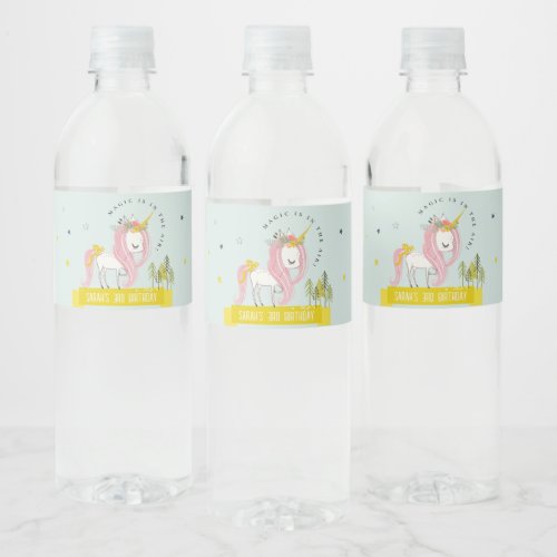 Cute Magical Unicorn Pink Yellow Kids Birthday Water Bottle Label