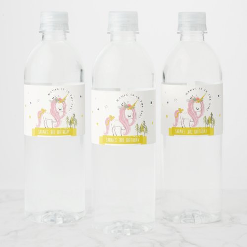 Cute Magical Unicorn Pink Yellow Kids Birthday Water Bottle Label