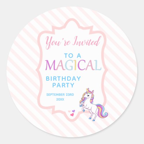 Cute Magical Unicorn Pink Youre invited Classic Round Sticker