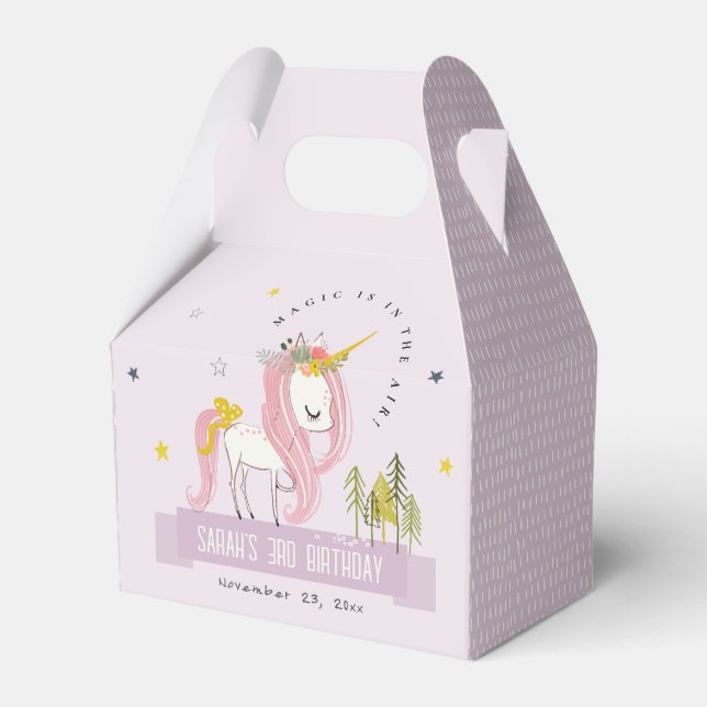 Cute Magical Unicorn Purple Lilac Kids Birthday Favor Boxes (Front Side)