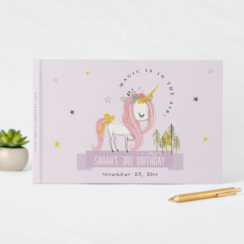 Cute Magical Unicorn Purple Lilac Kids Birthday Guest Book