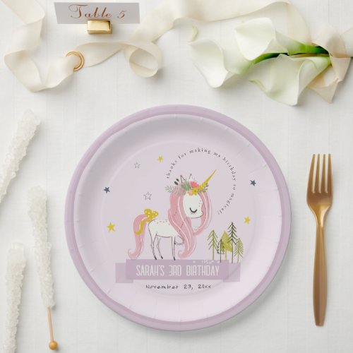 Cute Magical Unicorn Purple Lilac Kids Birthday Paper Plates