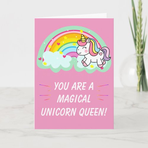 Cute Magical Unicorn Queen Pink Birthday Card