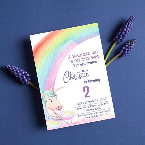 Cute magical unicorn rainbow 2nd birthday  invitation