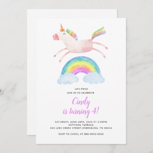 Cute Magical Unicorn Rainbow Birthday Invitation