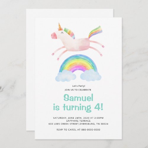 Cute Magical Unicorn Rainbow Birthday Invitation