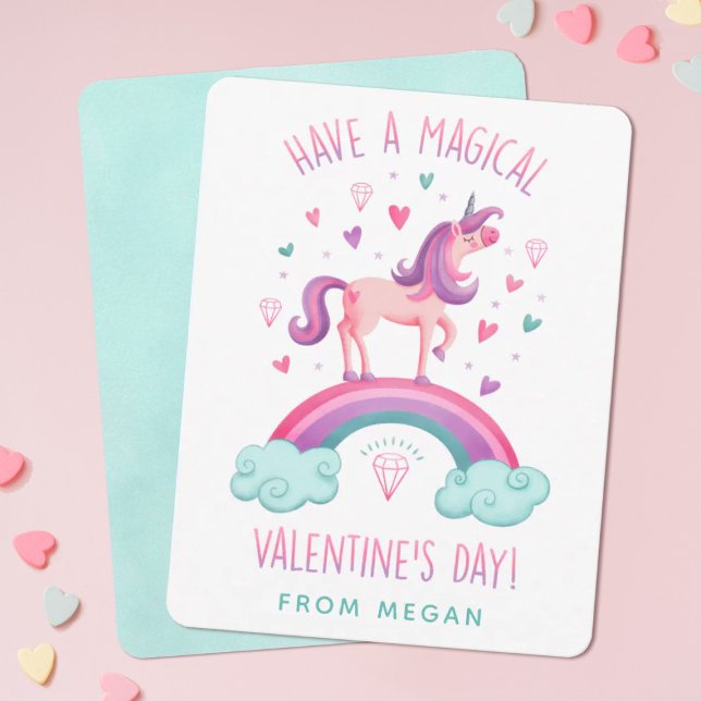Cute Magical Unicorn Valentines Day Flat Note Card (Personalize this cute unicorn Valentine's Day card for your girls classroom exchange.)