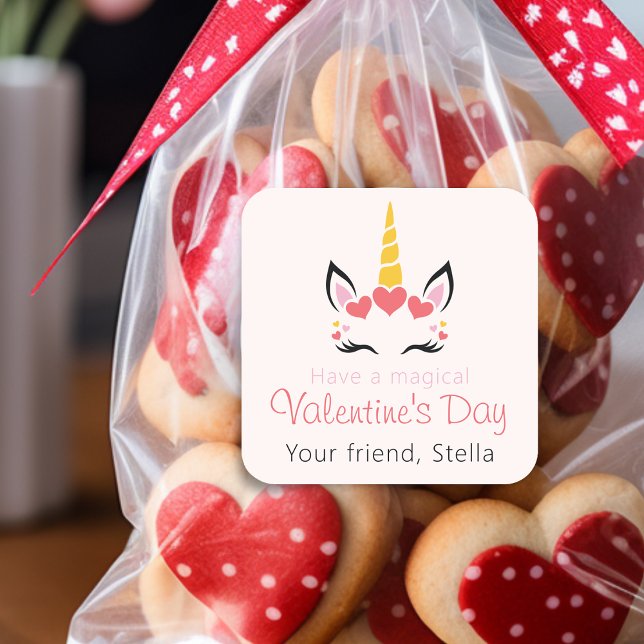 Cute Magical Unicorn Valentine's Day Personalized Square Sticker (Cute Magical Unicorn Valentine's Day Personalized Square Sticker)