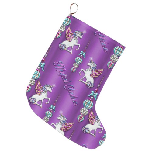 Cute Magical Unicorns Purple Christmas Large Christmas Stocking