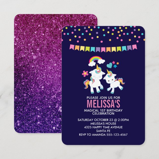 Cute Magical Unicorns with a Rainbow and Stars Invitation (Front/Back)