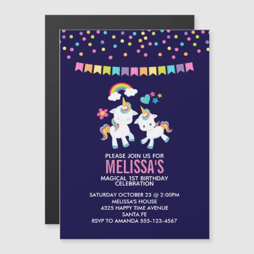 Cute Magical Unicorns with a Rainbow Birthday Magnetic Invitation
