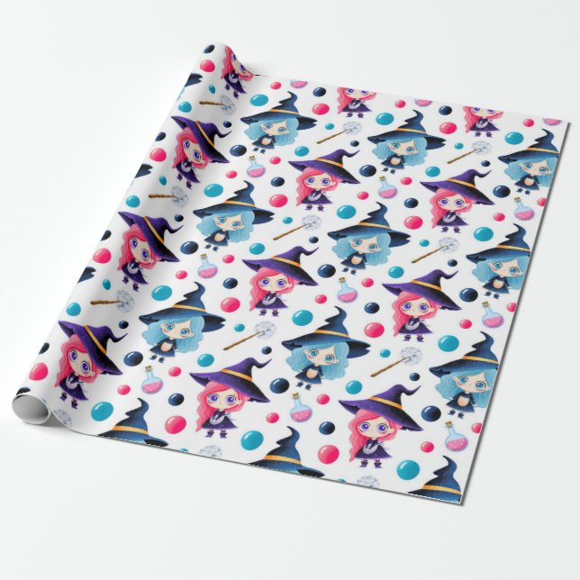 Cute Magical Witch Pattern Wrapping Paper (Unrolled)