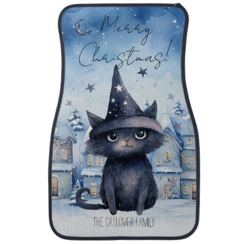 Cute Magical Wizard Black Cat Watercolor Christmas Car Floor Mat
