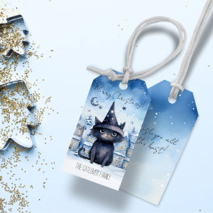 Cute Magical Wizard Black Cat Watercolor Christmas Gift Tags