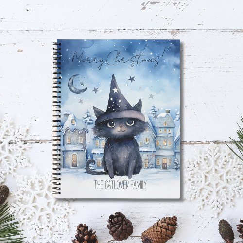 Cute Magical Wizard Black Cat Watercolor Christmas Notebook