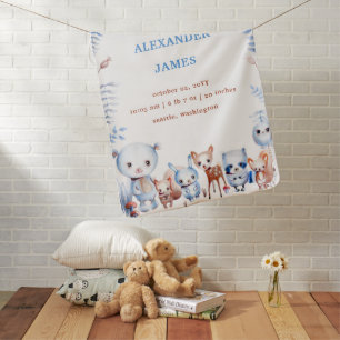 Cute Magical Woodland Animals Birth Stats Boy Baby Blanket