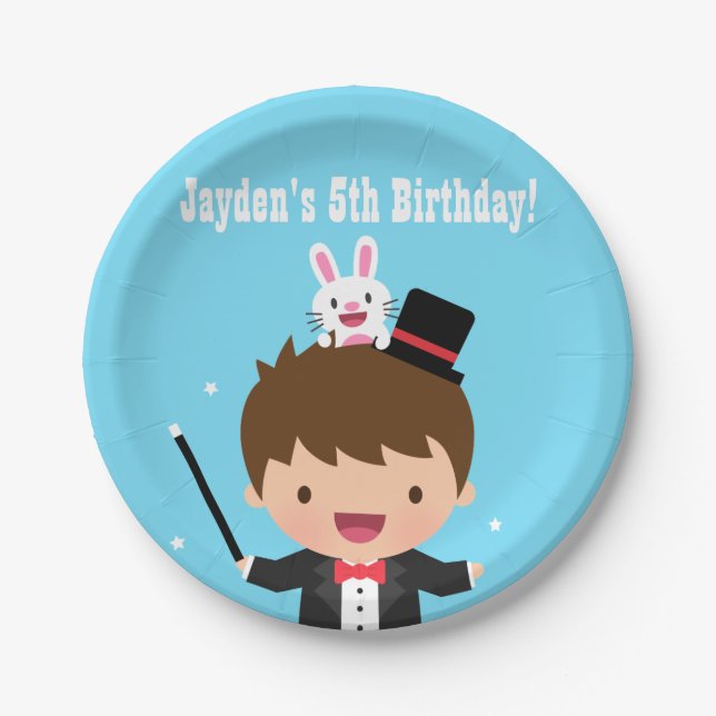 Cute Magician Boy Kids Magic Birthday Party Paper Plates (Front)