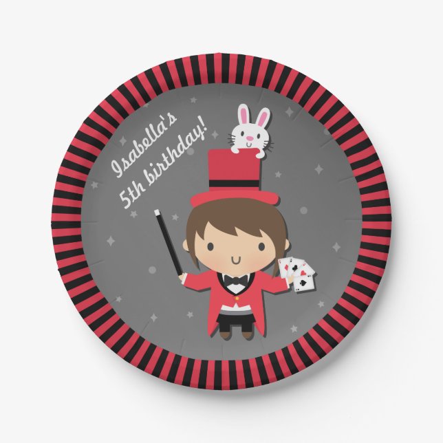 Cute Magician Girl Kids Magic Birthday Party Paper Plates (Front)