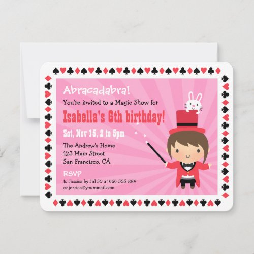 Cute Magician Girl Kids Magic Party Invitations