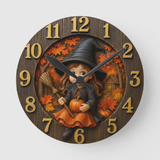 Cute Magician Lantern Magic in Autumn Round Clock