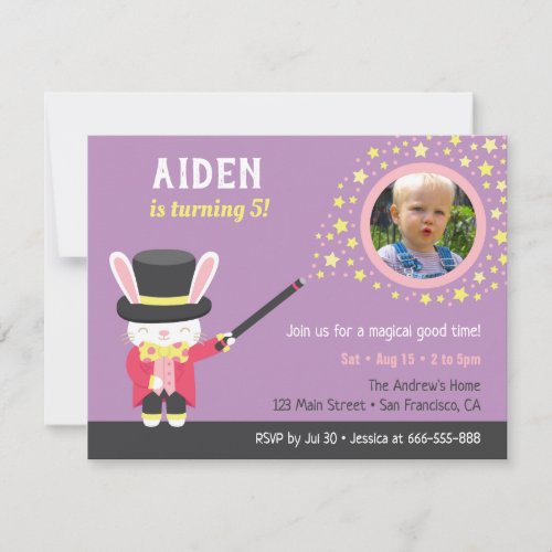 Cute Magician Rabbit Photo Kids Birthday Party Invitation