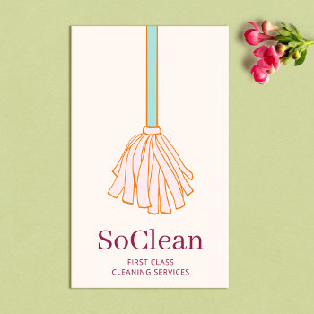 Cute Maid House Cleaner Cleaning Services Pink Mop Business Card by sm_business_cards at Zazzle