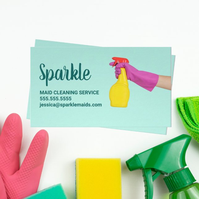 Cute Maid House Cleaning Service Teal Trendy Business Card (Creator Uploaded)