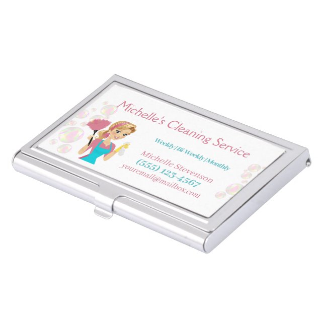 Cute Maid House Pink Glitter Cleaning Service Business Card Case (Front)
