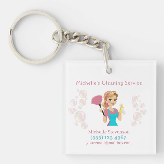 Cute Maid House Pink Glitter Cleaning Service Keychain (Front)