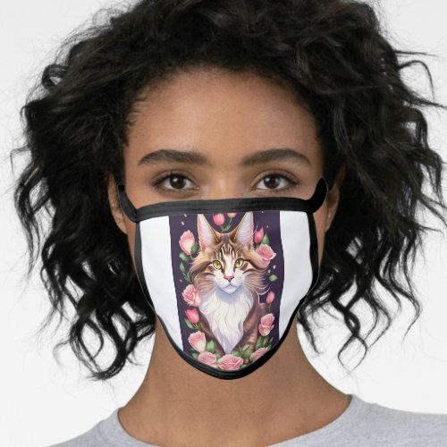 Cute Maine Coon Cat And Flower Face Mask
