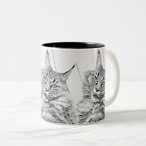 Cute Maine coon cat black and white graphic Two_Tone Coffee Mug