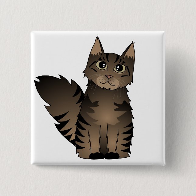 Cute Maine Coon Cat Cartoon - Brown Tabby Pinback Button (Front)