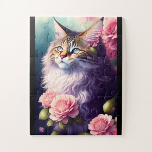Cute Maine Coon Cat Face  Flower Jigsaw Puzzle