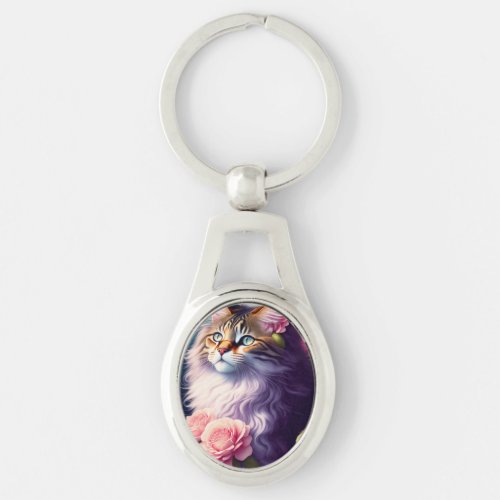 Cute Maine Coon Cat Face  Flower Keychain