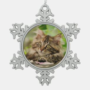 Cute Maine Coon Cat Kitten Photo - Xmas decor Snowflake Pewter Christmas Ornament