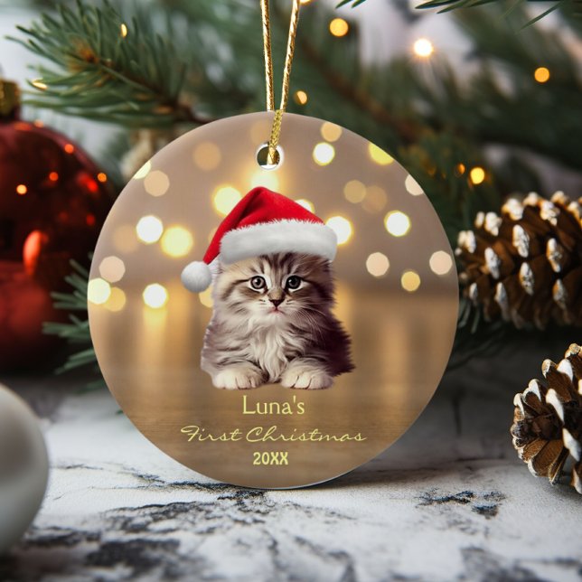 Cute Maine Coon Cat Santa Hat Gold Personalized  Ceramic Ornament (Creator Uploaded)