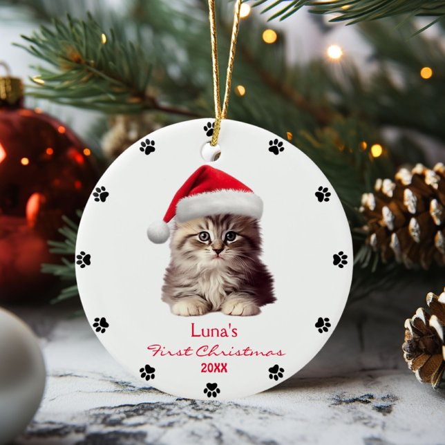 Cute Maine Coon Cat Santa Hat Paw Personalized  Ceramic Ornament (Creator Uploaded)
