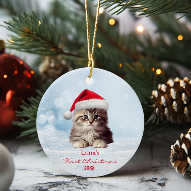 Cute Maine Coon Cat Santa Hat Snow Personalized  Ceramic Ornament (Creator Uploaded)