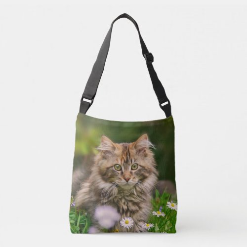 Cute Maine Coon Kitten Cat Flower Meadow Photo on Crossbody Bag