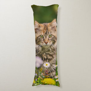 Cute Maine Coon Kitten Cat in Flower Meadow cuddly Body Pillow