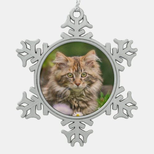 Cute Maine Coon Kitten Cat Portrait Photo  Snowflake Pewter Christmas Ornament