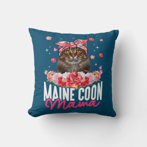 Cute Maine Coon Mama Flower Bandana Cat Lover Throw Pillow