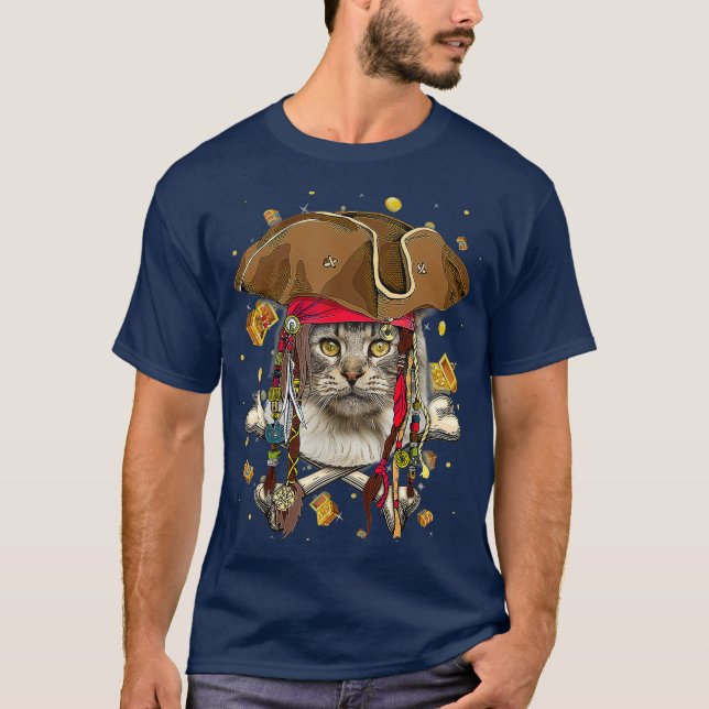 Cute Maine Coon Pirate Skeleton Halloween T-Shirt (Front)