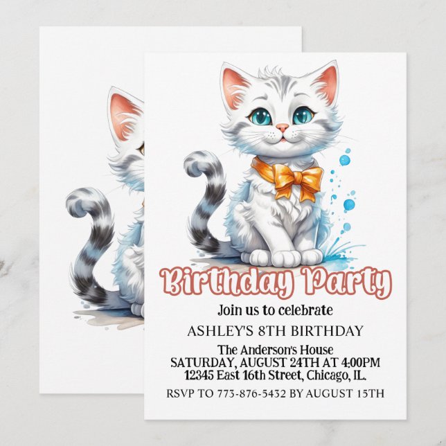 Cute Majestic Kitty Cat Birthday Party Invitation (Front/Back)