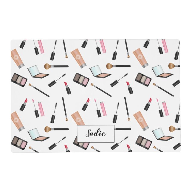 Cute Makeup Things Illustrated Pattern & Name Placemat (Front)